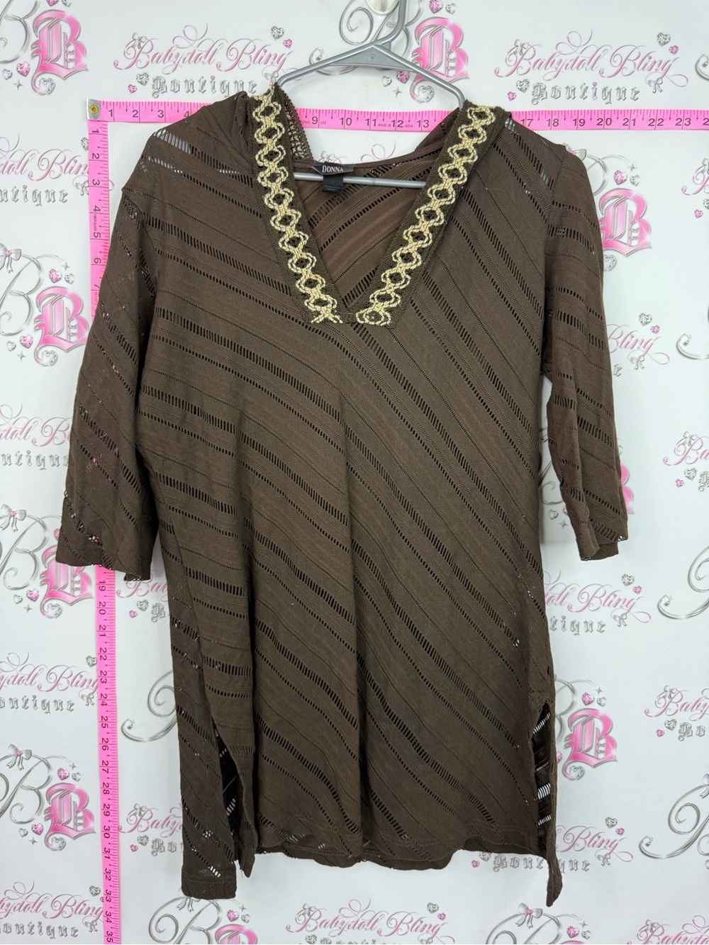 DONNA shirt or beach coverup V-Neck Knit Tunic with Gold Trim